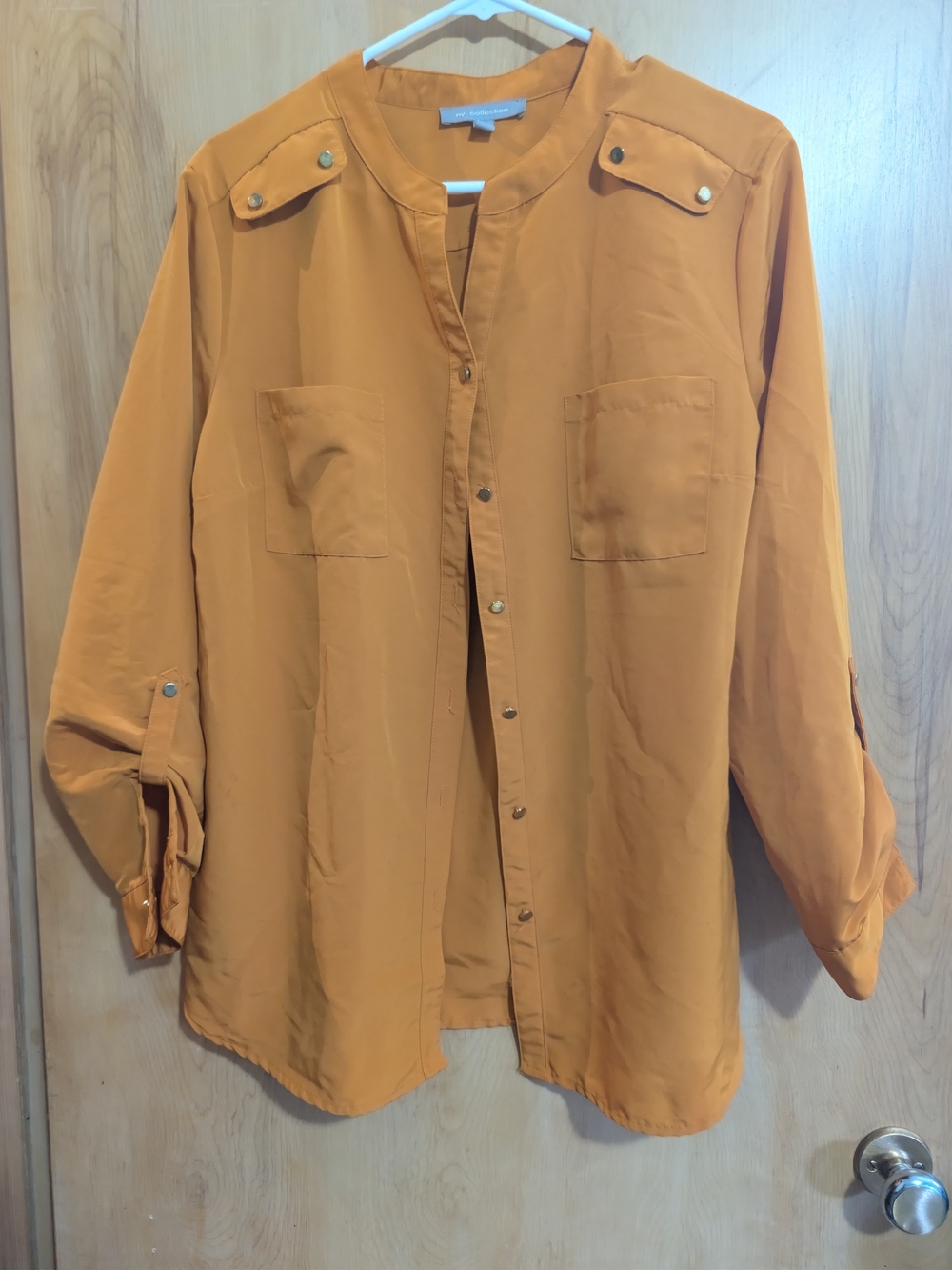 NY Collection Vibrant Orange Long-Sleeve Button-Up Utility Shirt, Large
